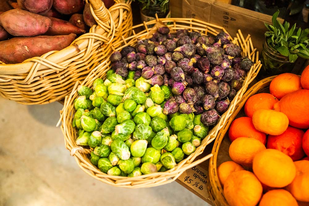 A basket of brussels sprouts.