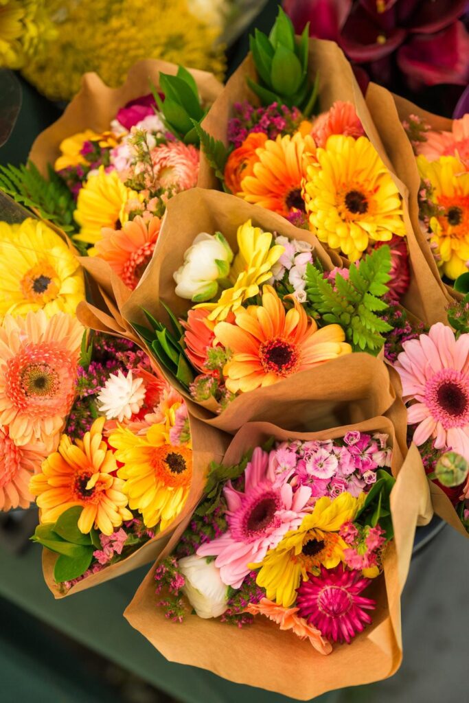 flowers in bouquet at a farmers market