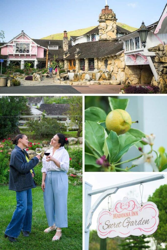 Madonna Inn collage showing friends drinking wine and the secret garden.