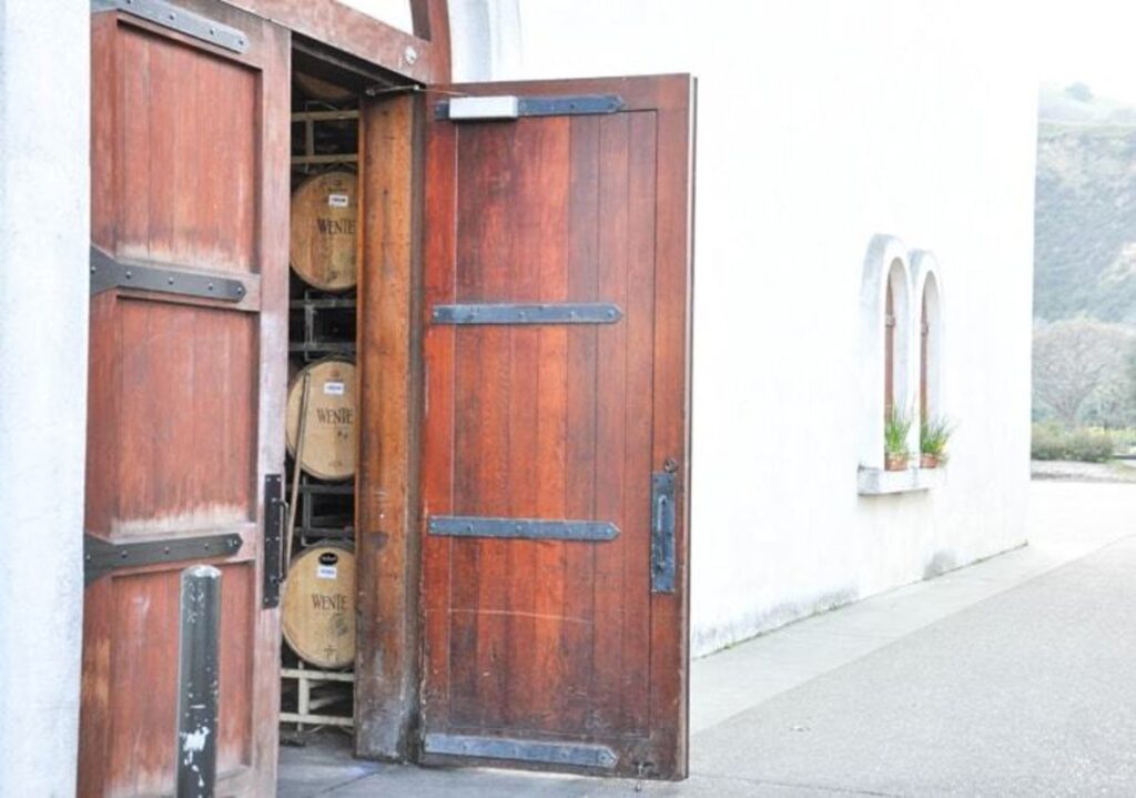 open red door at winery cellar room at Wente