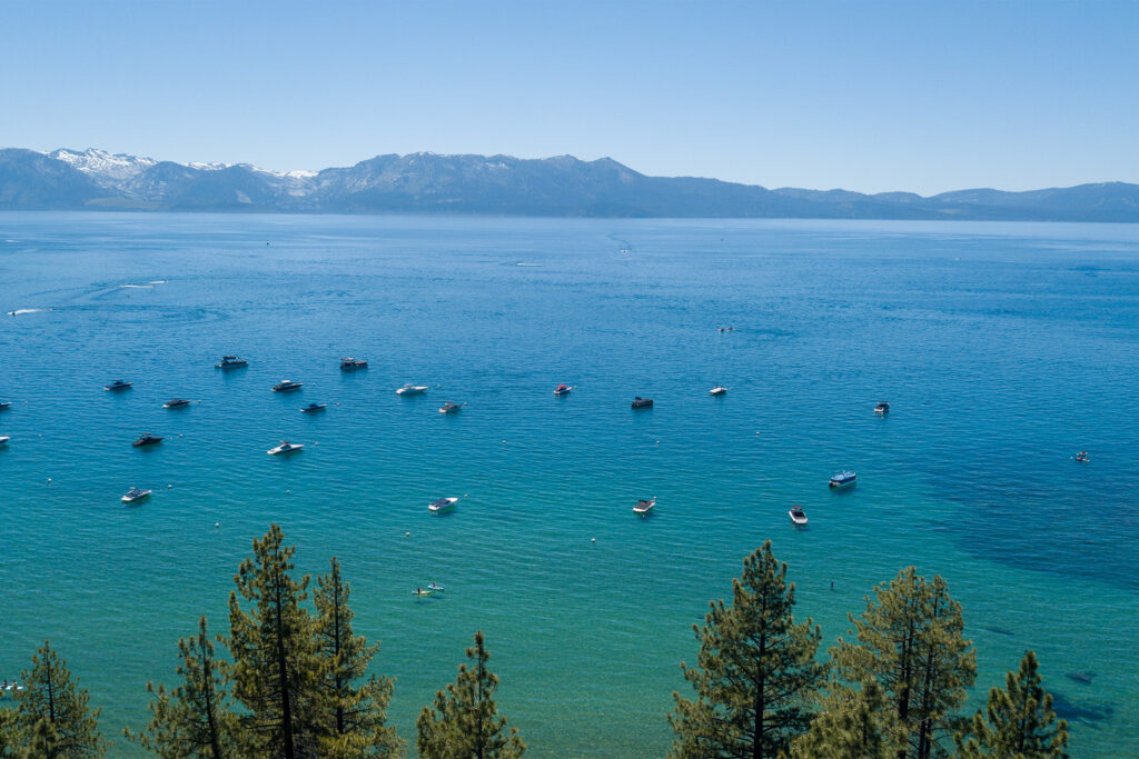 Aerial view of lake with boats