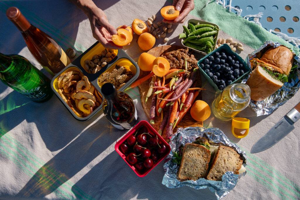 Table with picnic spread of dried apples, pistachios, cherries, blueberries, apricots, carrots, peas, and wine