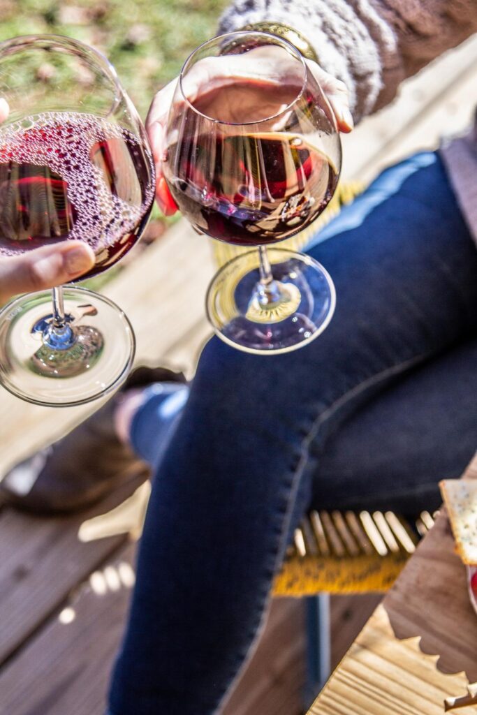 two women toasting with a glass of red wine while enjoying farm camping in Central California 