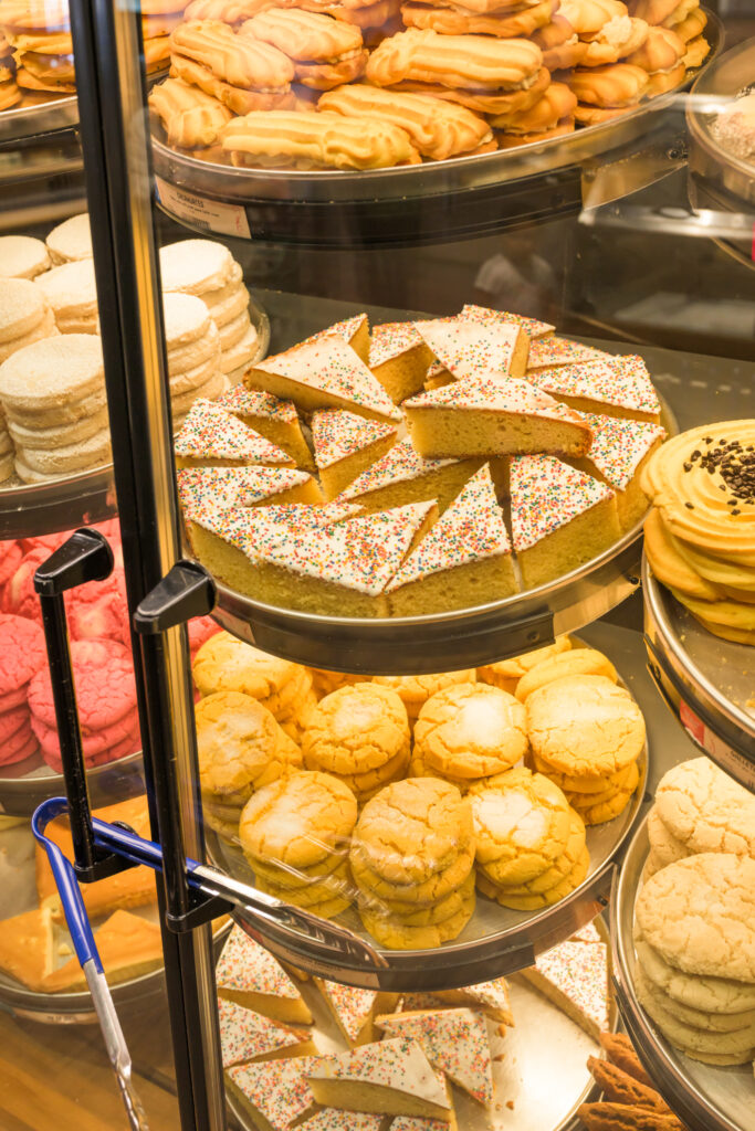 Close up shot of a pastry case