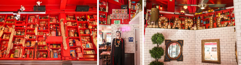 Collage of the campy garlic-themed decor at The Stinking Rose