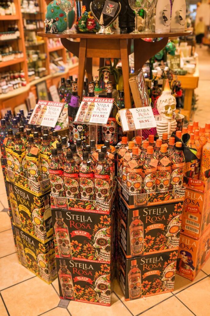 wines in crates on display in a gift shop