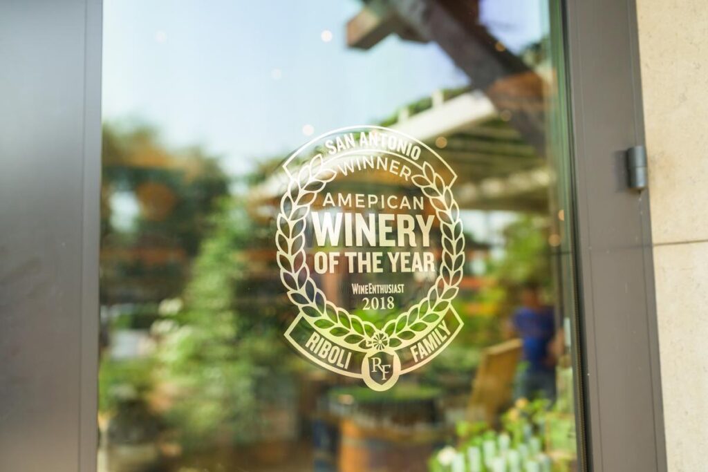 door with sign marking winery of the year