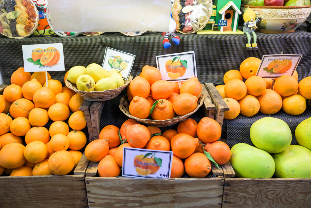 baskets of citrus at Merced Fruit Barn