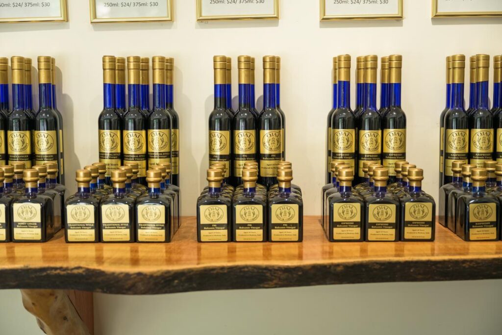 bottles of olive oil in a shop