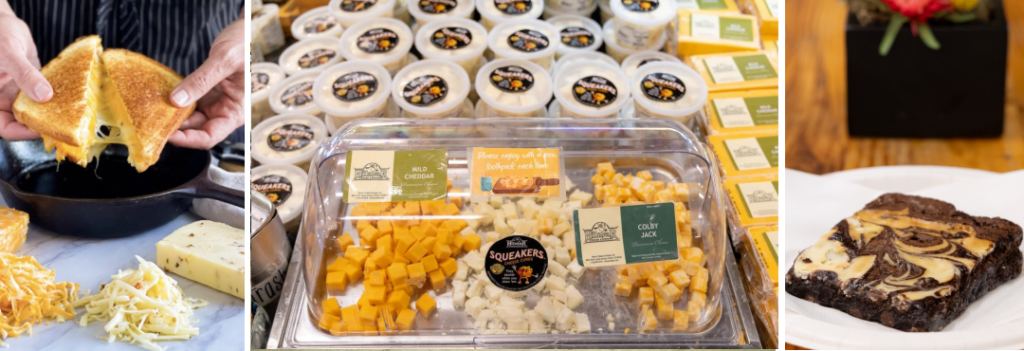 some of the food and samples at Hilmar Cheese