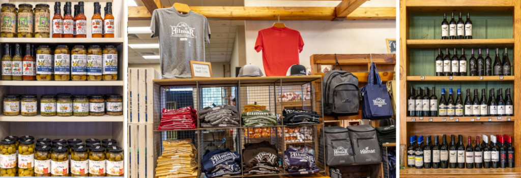 Some of the things you can buy at Hilmar Gift shop - apparel, wine, olives, sauces, etc. 